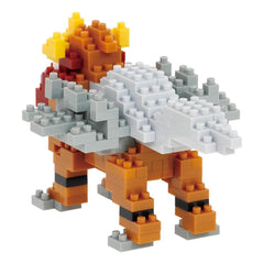A colorful and intricate toy made of small building blocks in various colors, including orange, gray, and yellow.