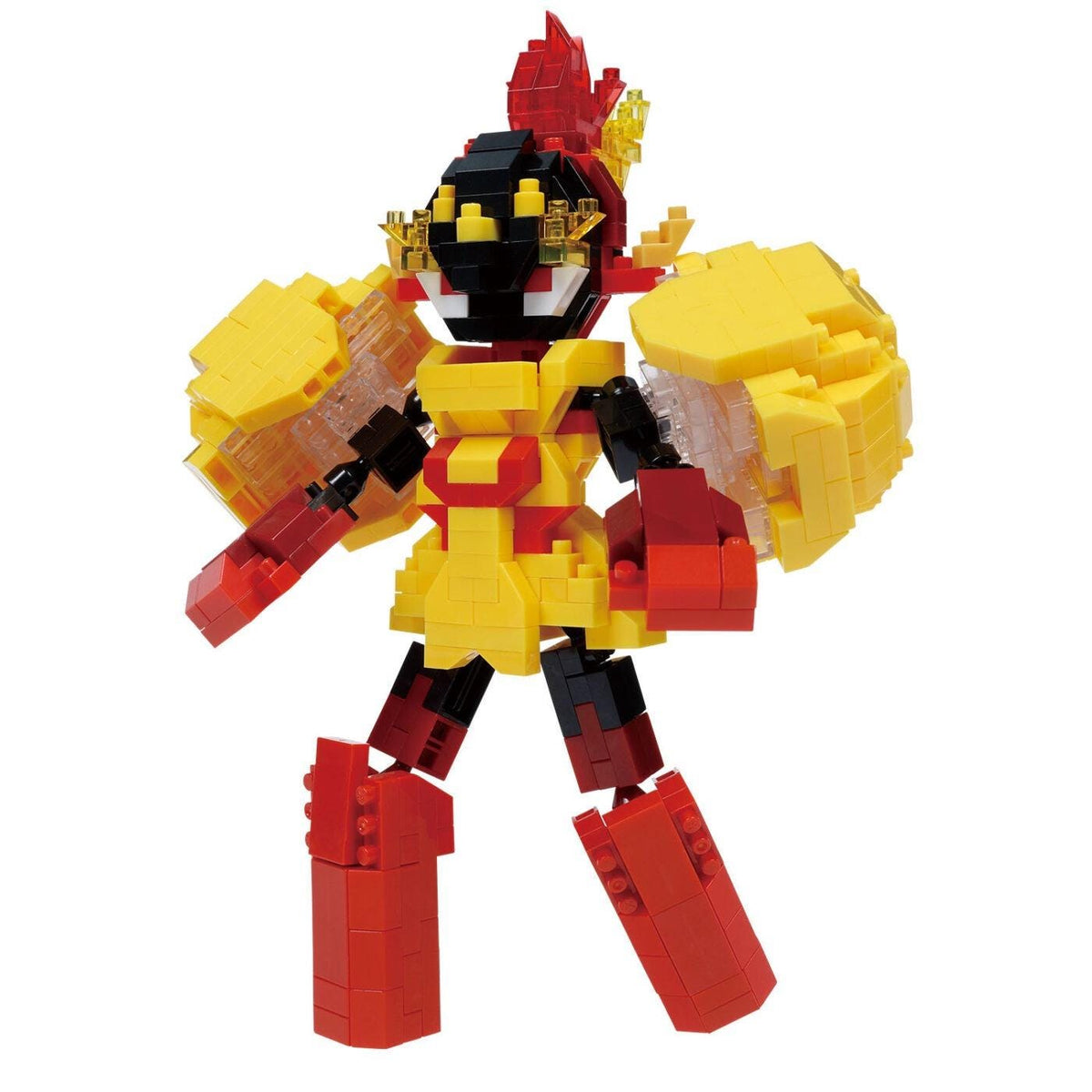 A colorful and detailed toy robot made of small building blocks in red, yellow, and black colors.