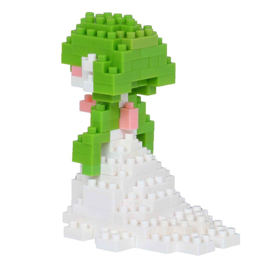 A green and white Lego figure made up of numerous small Lego bricks.