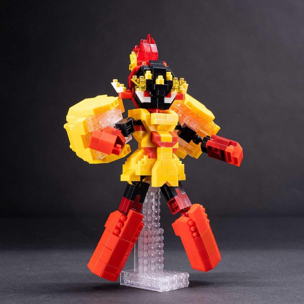 A colorful and detailed toy robot made of building blocks, with a red and yellow color scheme and various mechanical components.