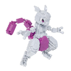 A toy figure of a Pokémon character in a playful pose, composed of various building blocks in shades of pink and gray.