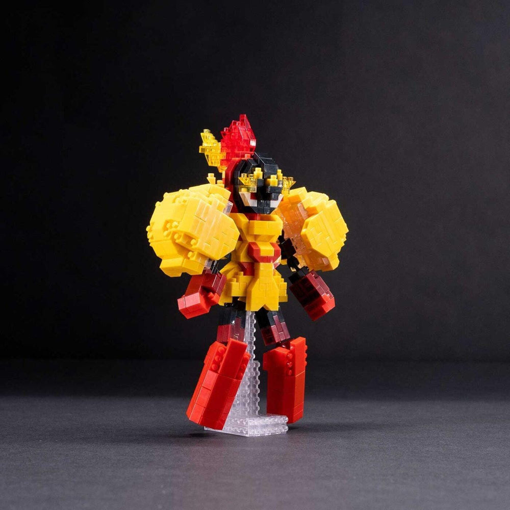 A colorful, pixelated robot figure stands on a stand against a dark background.