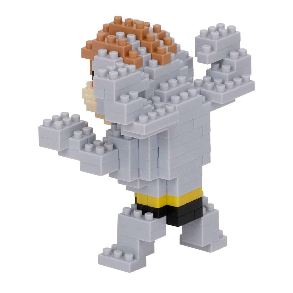 A gray and yellow Lego figure made up of numerous small bricks.