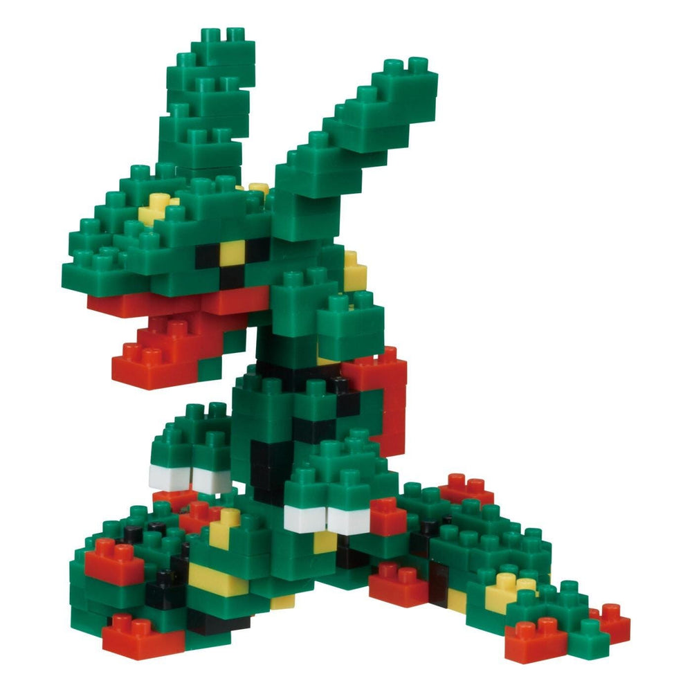 A colorful LEGO dinosaur made up of various green, red, and yellow bricks.