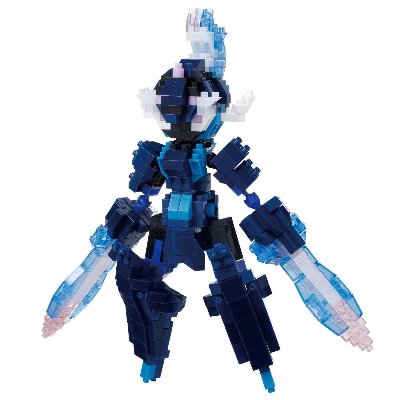 A blue and black robot-like figure made of small building blocks, with various arms and legs.