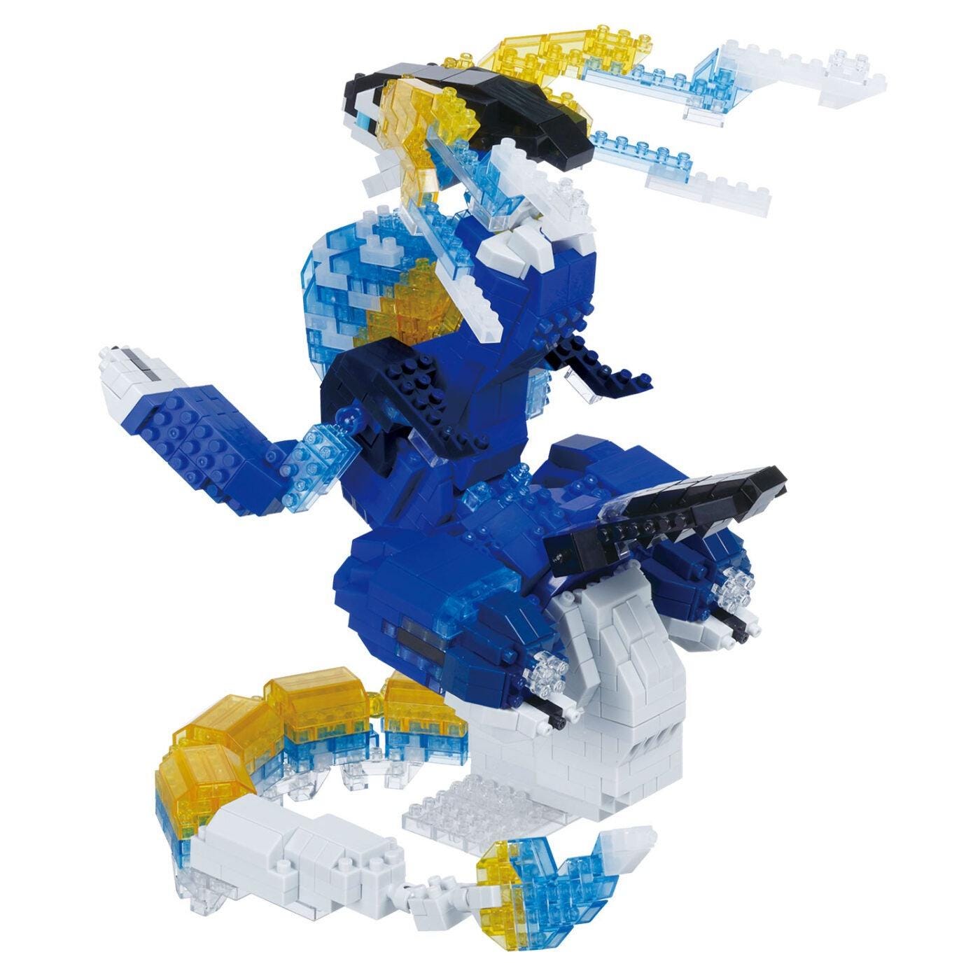 A colorful and intricate LEGO dinosaur-like figure composed of various LEGO bricks in different colors and shapes, creating a dynamic and visually appealing design.
