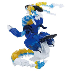 A colorful and intricate LEGO dinosaur-like figure composed of various LEGO bricks in different colors and shapes, creating a dynamic and visually appealing design.