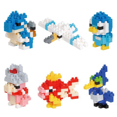 six colorful, pixelated characters made of building blocks, including a blue penguin, a red fish, a pink penguin, a gray penguin, a blue bird, and a yellow bird.