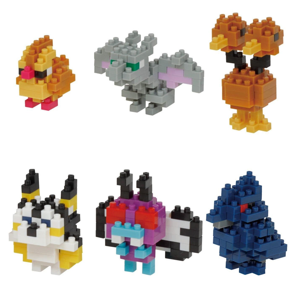 six different pixel art characters, each composed of small blocks, arranged in a grid-like pattern.