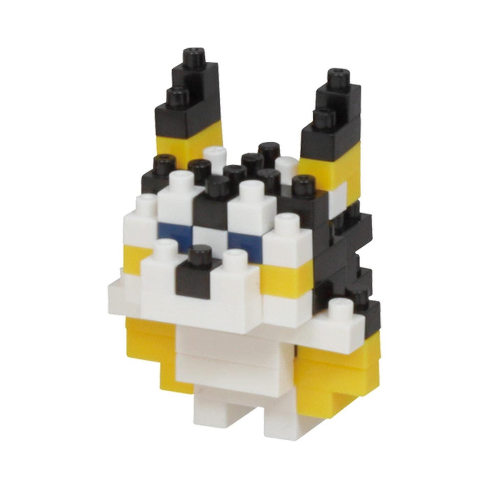 A small, colorful, and detailed toy made of black, white, and yellow building blocks.
