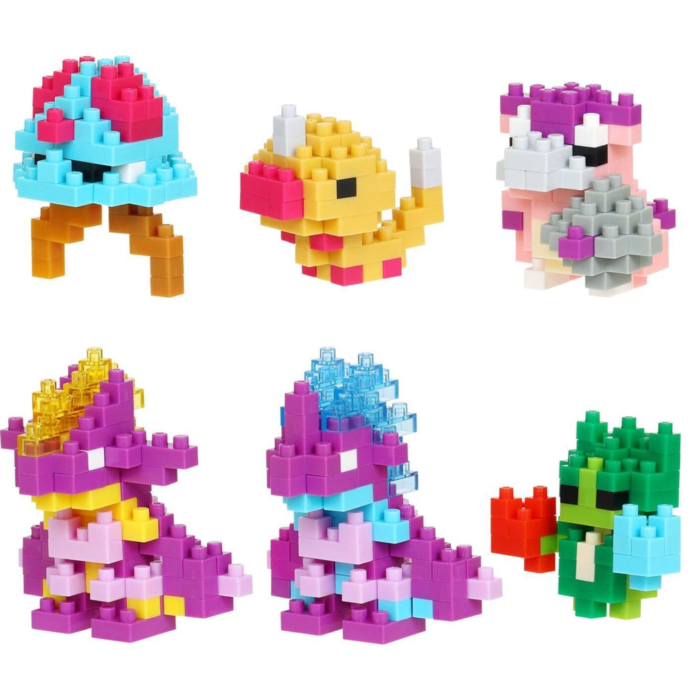 six colorful, pixelated animal figures made of building blocks, arranged in a grid-like pattern.