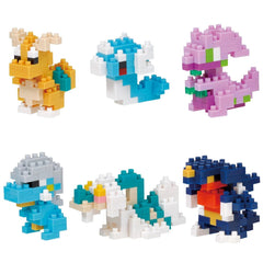 six colorful, pixelated character models, each composed of small building blocks, arranged in a grid-like pattern.