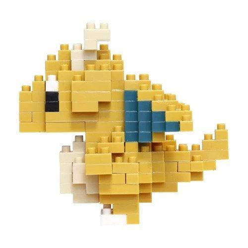 A pixelated toy made of yellow and blue building blocks, resembling a small dinosaur or animal.