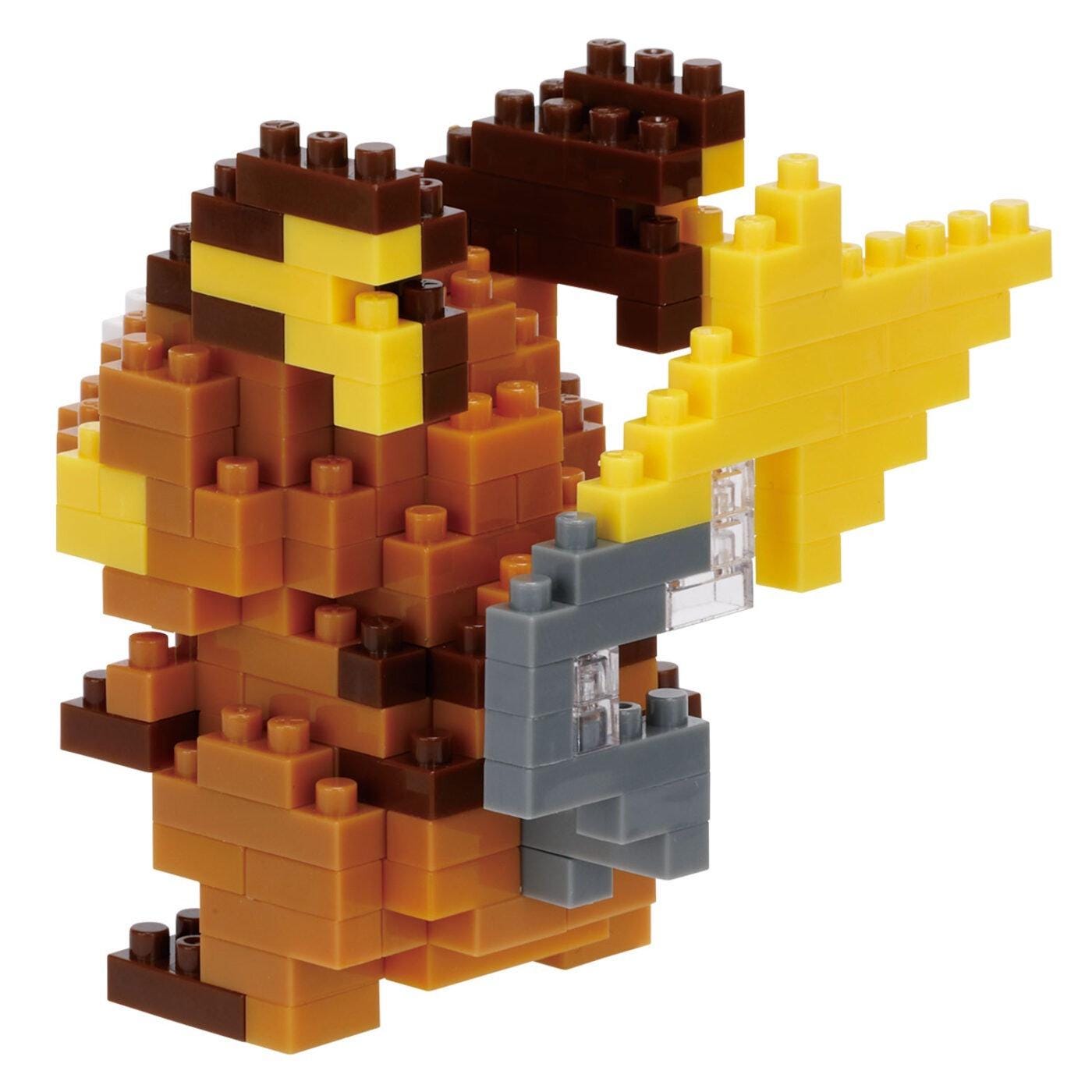A colorful and intricate LEGO figure made up of various blocks in different colors, including brown, yellow, and gray.