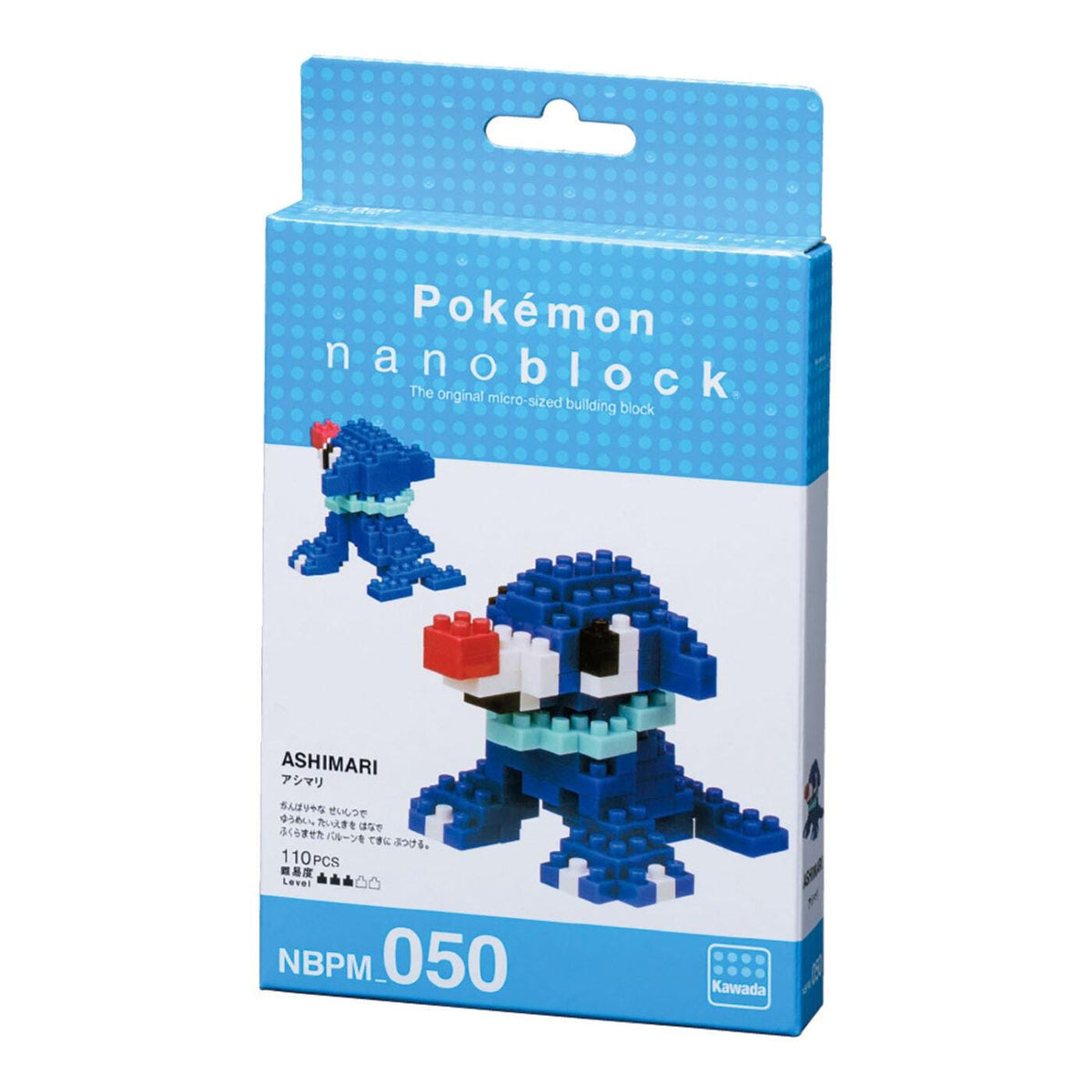 Pokemon-themed packaging for the "Pokemon Nanoblock" product, featuring a blue and white color scheme with images of the product itself.