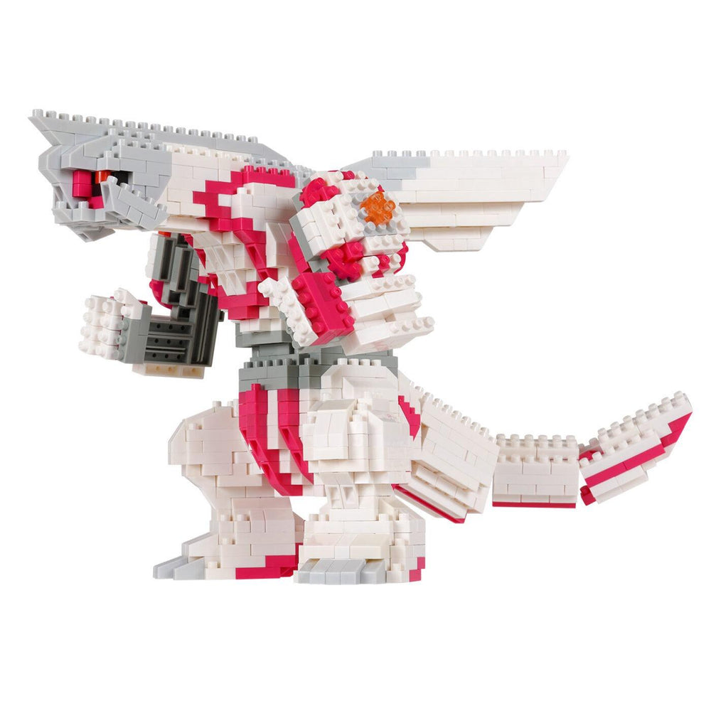 A toy robot made of building blocks in shades of white and red, with a gray head and red eyes.