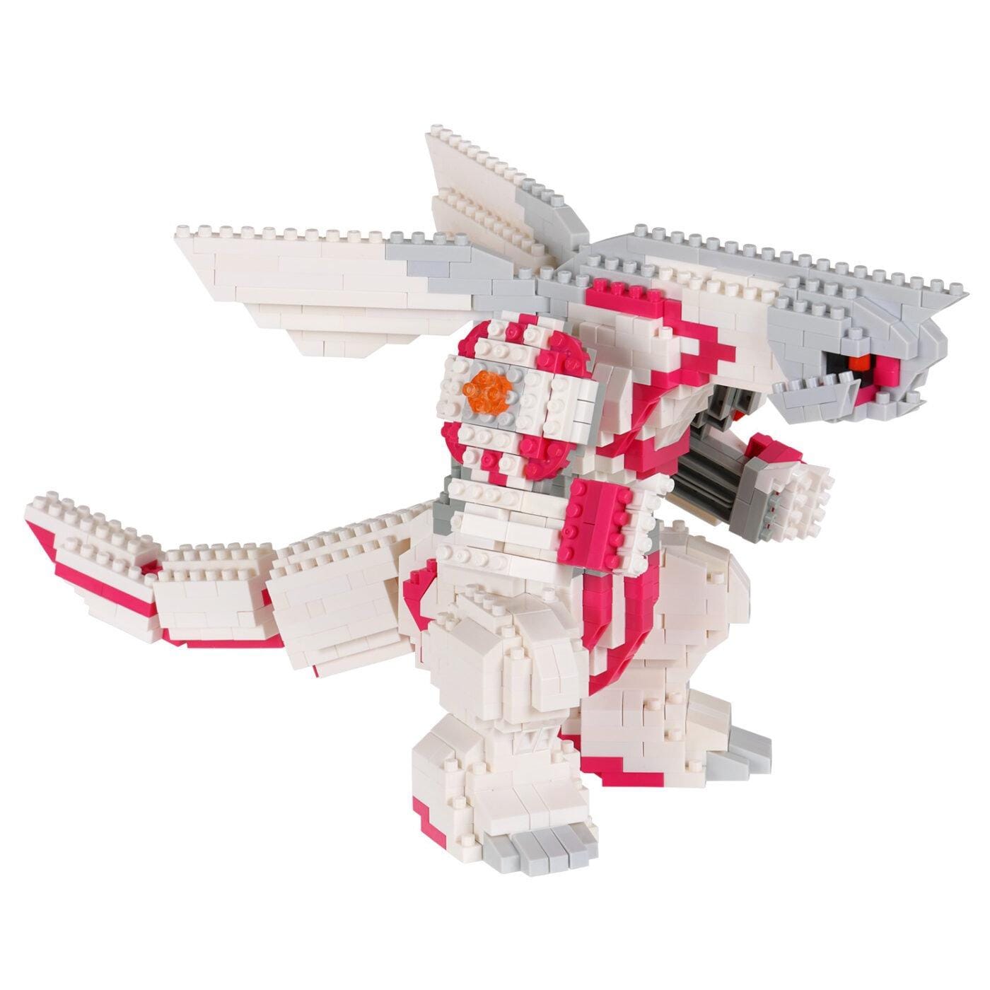 A toy dinosaur made of small white and red building blocks.