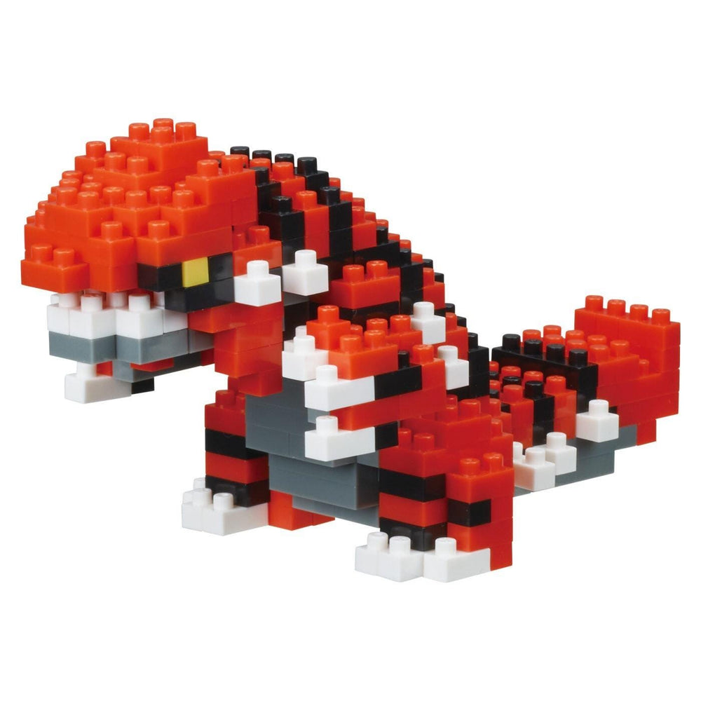 A red and black LEGO dinosaur-shaped toy made up of numerous small bricks.