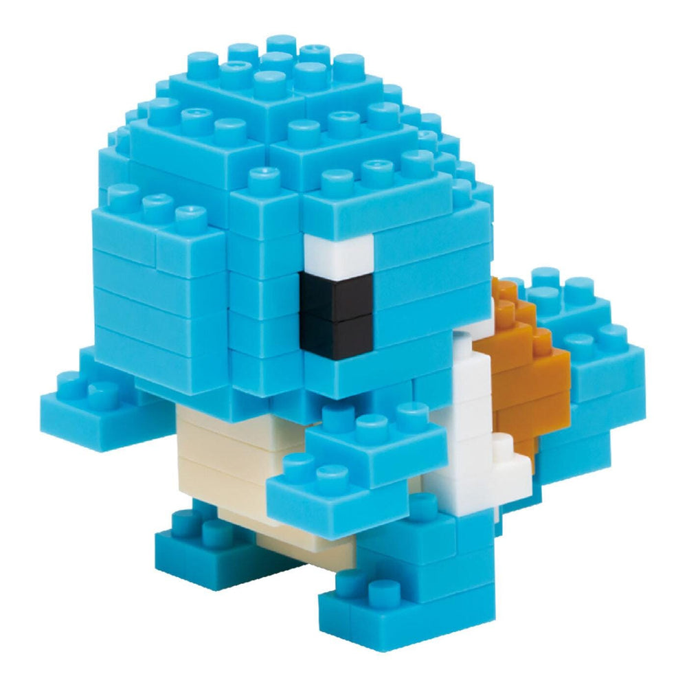 A blue and orange Lego figure made up of numerous small blue and orange Lego bricks.