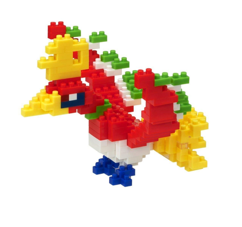 A colorful toy made of various building blocks in different shapes and colors, including red, yellow, green, and blue.