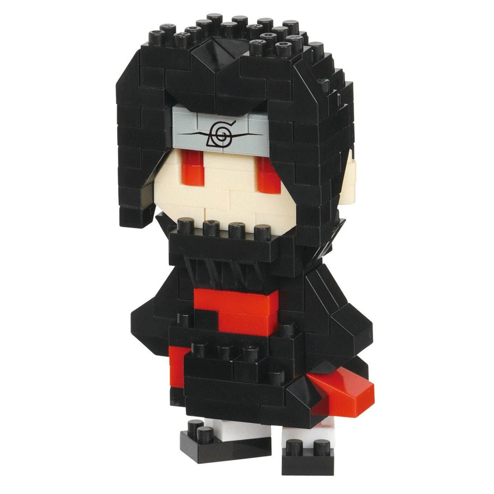 A black and red LEGO figure resembling a character from a video game, with a distinctive headpiece and a red accessory.