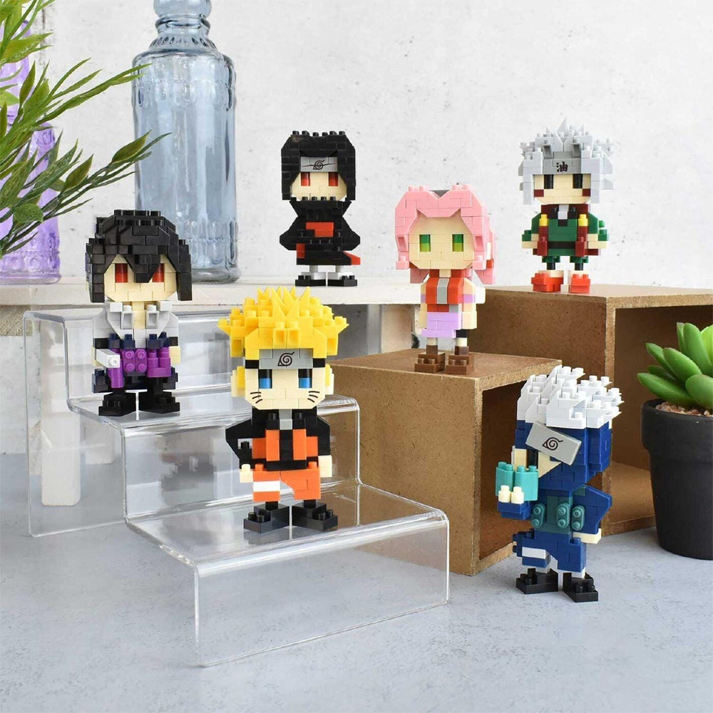 A collection of colorful, pixelated figurines of characters from the popular manga series, specifically Naruto.