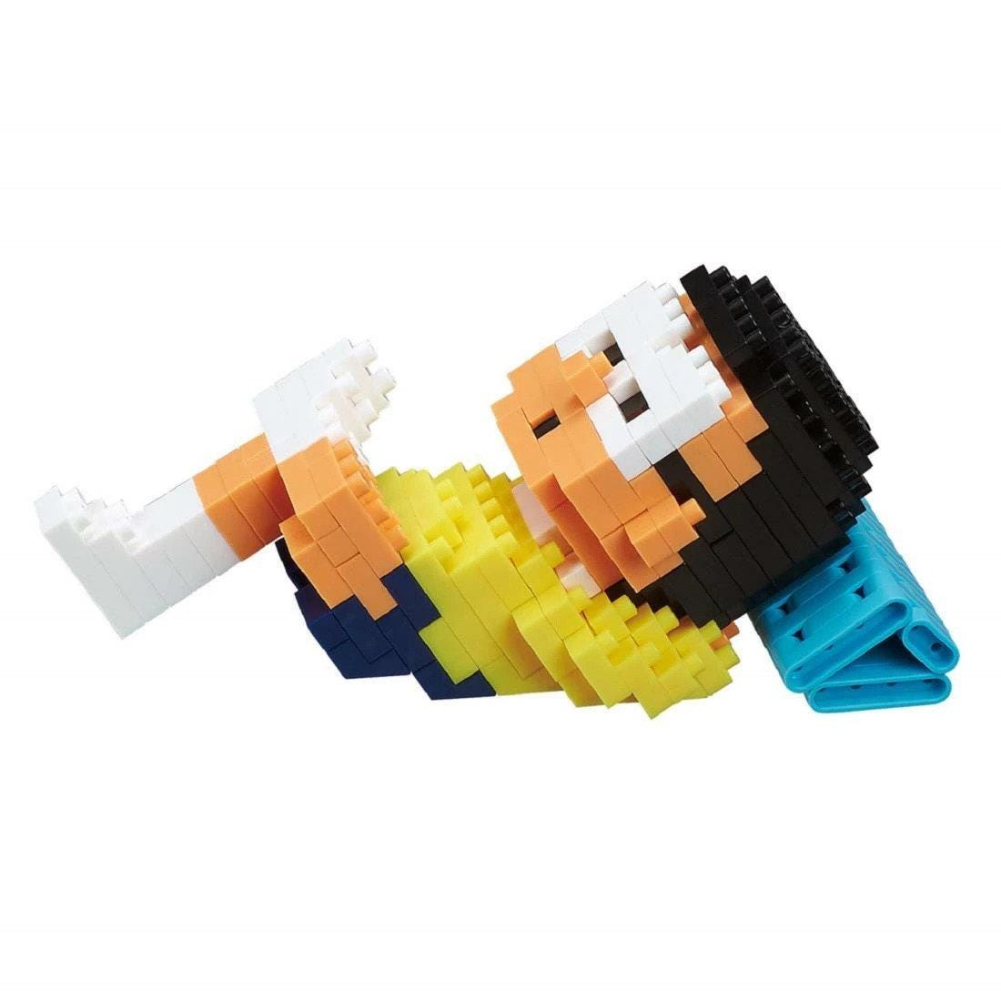 A colorful, pixelated figure made of various blocks in different colors, including orange, yellow, blue, and black.