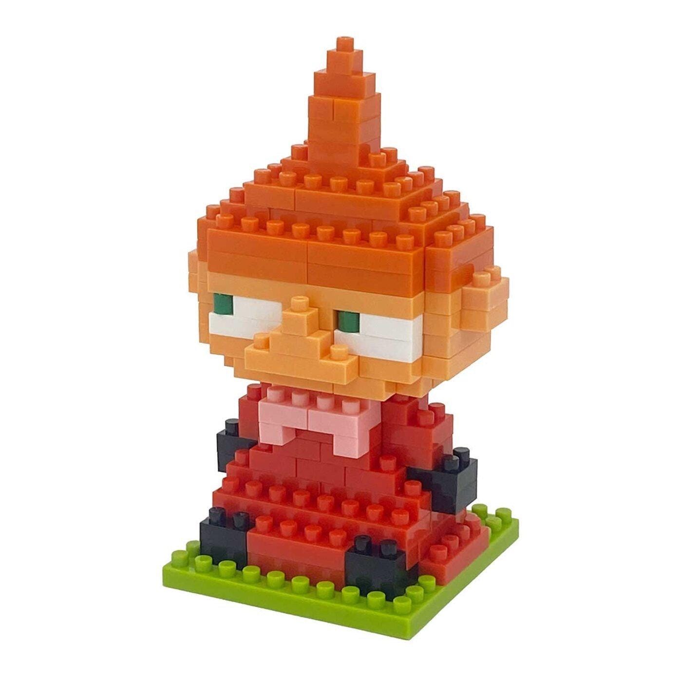 A colorful, pixelated toy figure resembling a character from a video game or animated movie, made up of small, orange and red blocks.