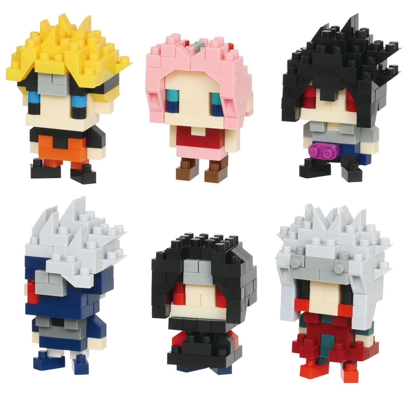 six different pixelated character figurines, each with unique colors and hairstyles, arranged in a grid-like pattern.