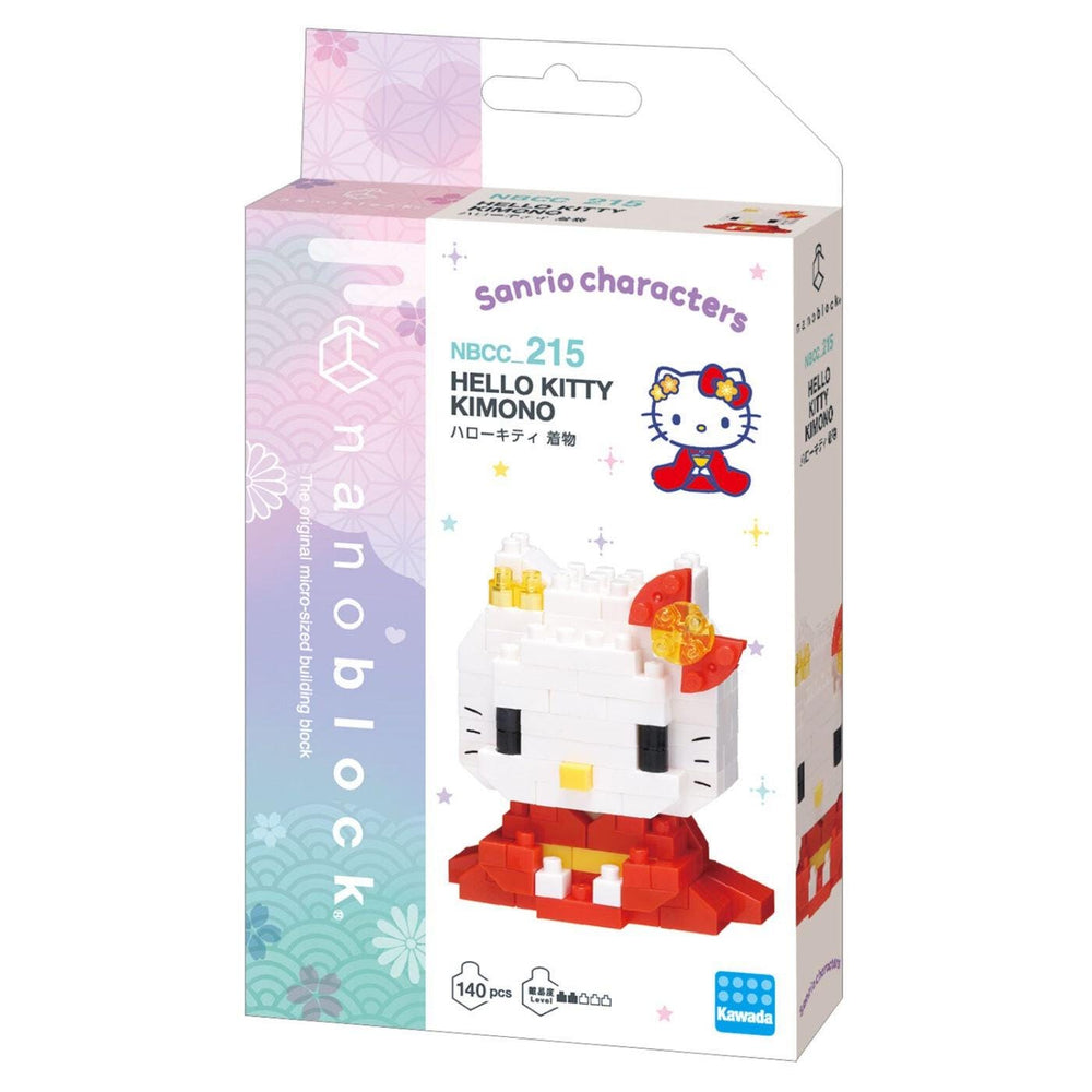 a Hello Kitty-themed building block set, specifically theSANRO CHARACTERS NBBcc 215 HELLO KIMONO. The packaging is colorful and includes a picture of the Hello Kitty character.