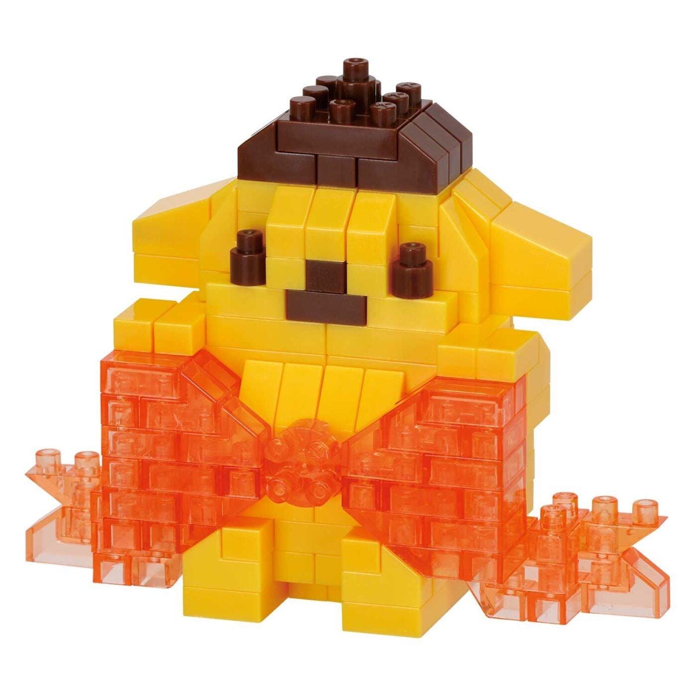 A yellow and brown toy figure made of small plastic blocks, resembling a character or a doll.