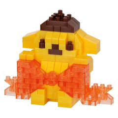 A yellow and brown toy figure made of small plastic blocks, resembling a character or a doll.