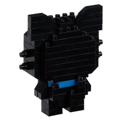 A black pixelated character made of Lego bricks, with a blue collar.