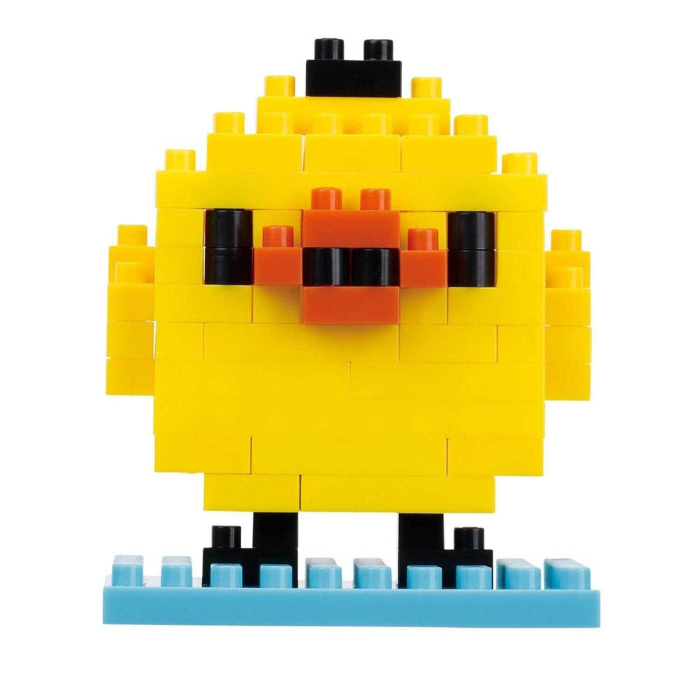 A yellow bird-shaped building block set made up of various yellow and orange blocks, with black accents.