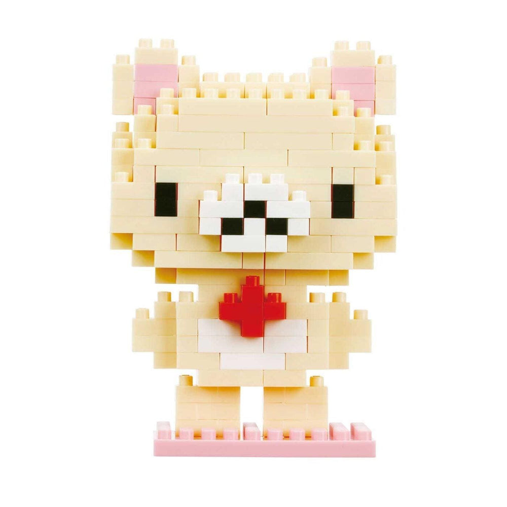A pixelated image of a cute, beige-colored bear with a red heart-shaped button on its chest.