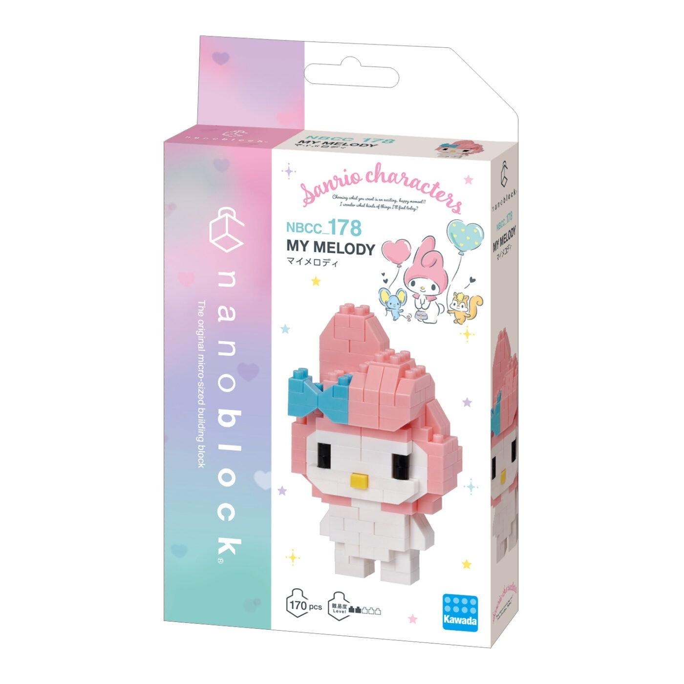 a Hello Kitty-themed packaging for a Nanoblock My Melody building block set.