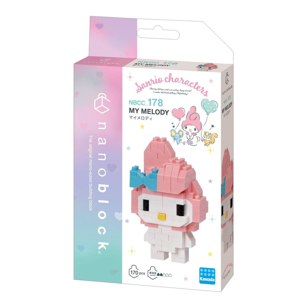a Hello Kitty-themed packaging for a Nanoblock My Melody building block set.