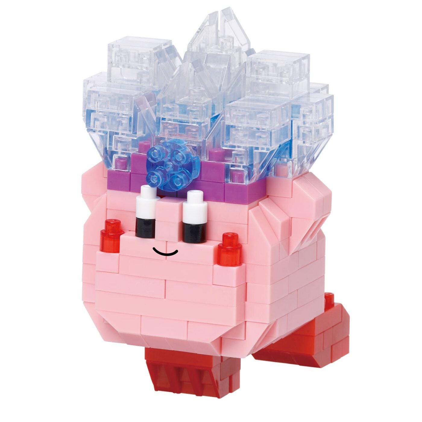 A pink and red LEGO figure with a smiling face and a crown of clear cubes on top.