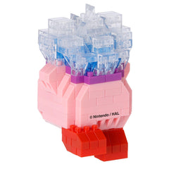 A pink and red Lego figure with a clear plastic headpiece, sitting on a red base.