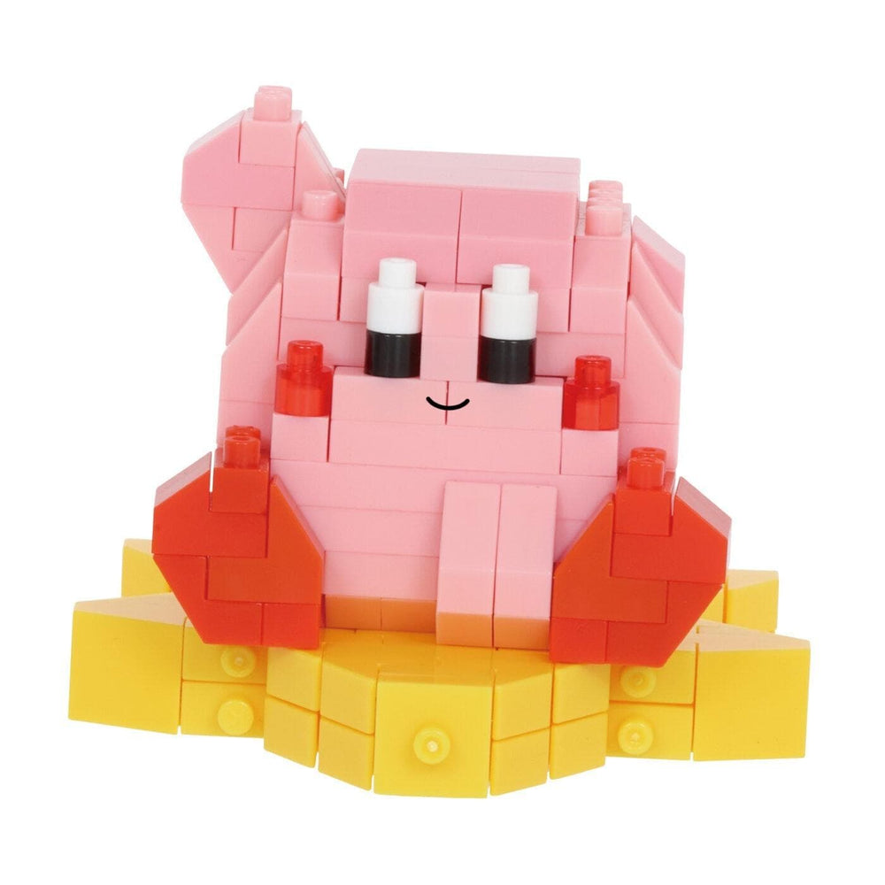 A pink and yellow Lego figure with a smiling expression, sitting on a yellow base.