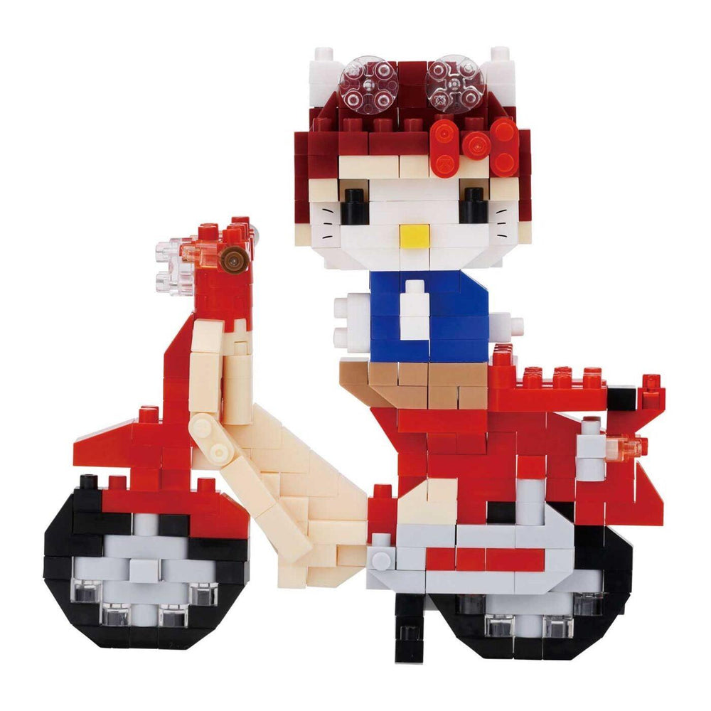 A Hello Kitty-themed toy made of colorful building blocks, including a red scooter and a blue shirt.