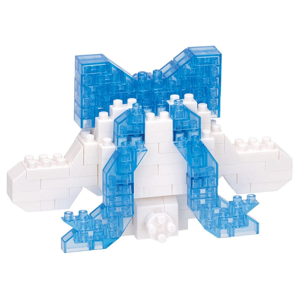 A blue and white toy made of numerous small plastic blocks, resembling a building or construction-like structure.