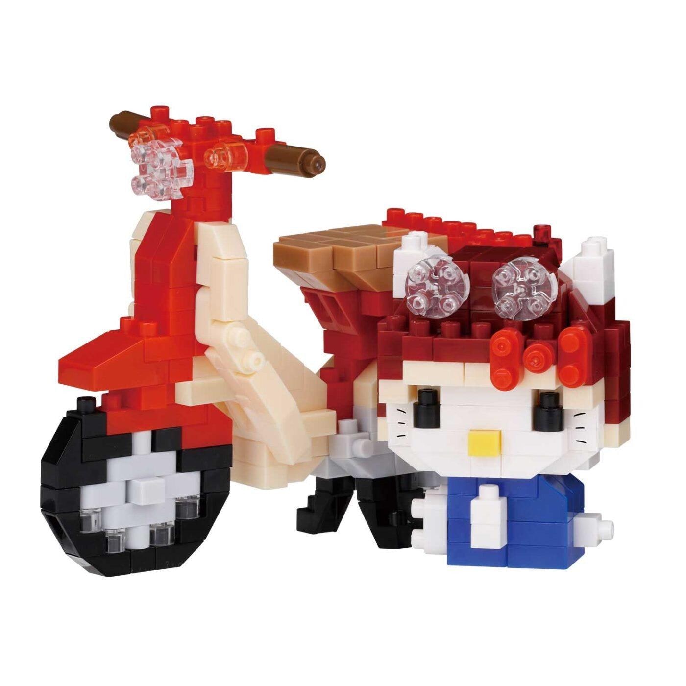 A red and white toy motorcycle and a Hello Kitty doll are shown in the image.