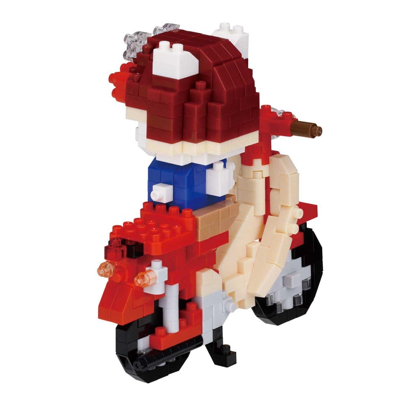 A red and white toy motorcycle made of building blocks.