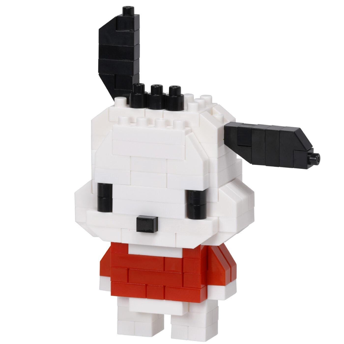 A white and red pixelated character resembling a dog or cat, composed of small black and white blocks.