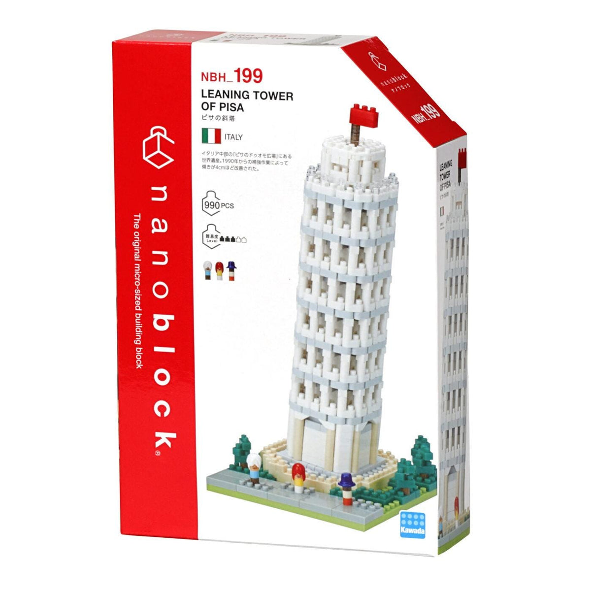 a box containing a model of the Leaning Tower of Pisa, a famous landmark in Italy.