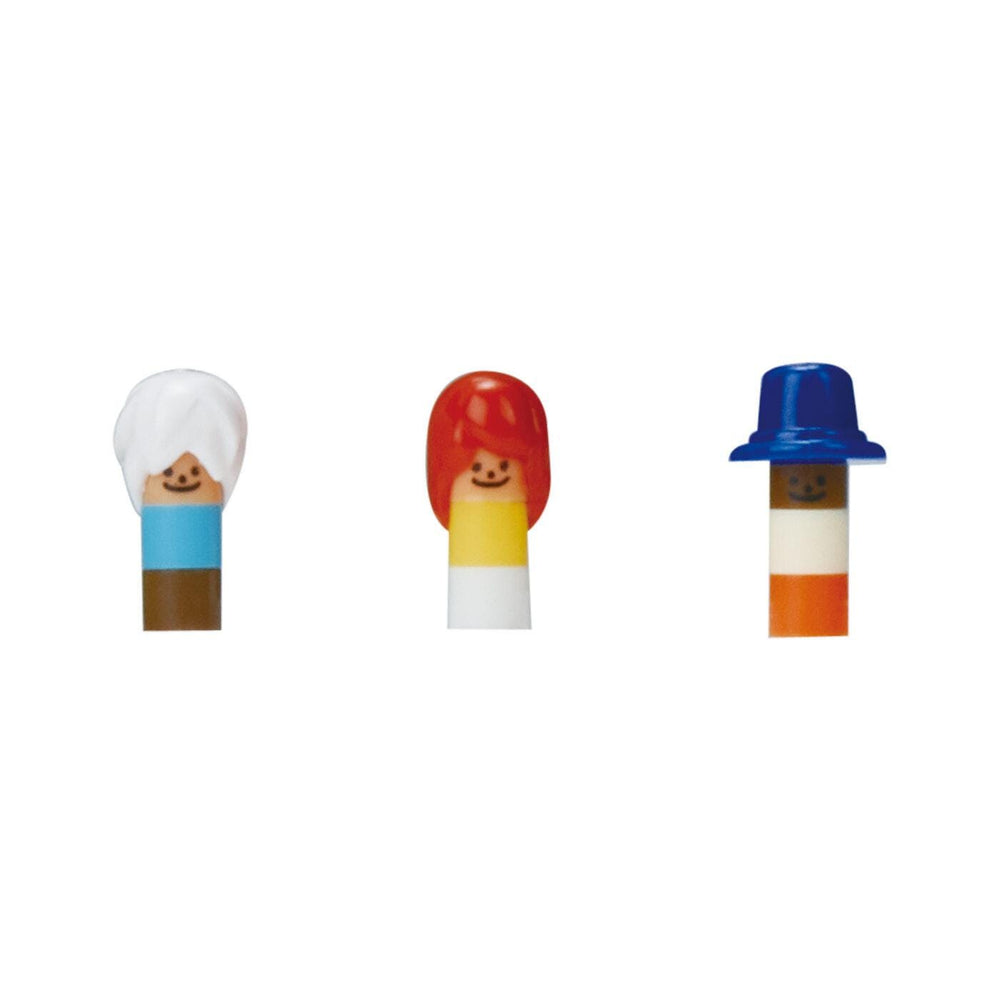 Three colorful toy figures, each with a distinct hairstyle and hat, are arranged in a row.