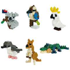 six different animal figures made of building blocks, including a koala, a blue jay, a parrot, a kangaroo, an alligator, and a crocodile.