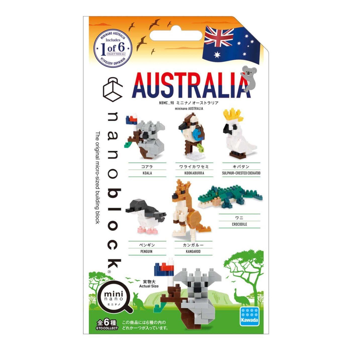 The image is a packaging for a set of Australia-themed building blocks, featuring various animal figures such as a koala, kangaroo, crocodile, and penguin.