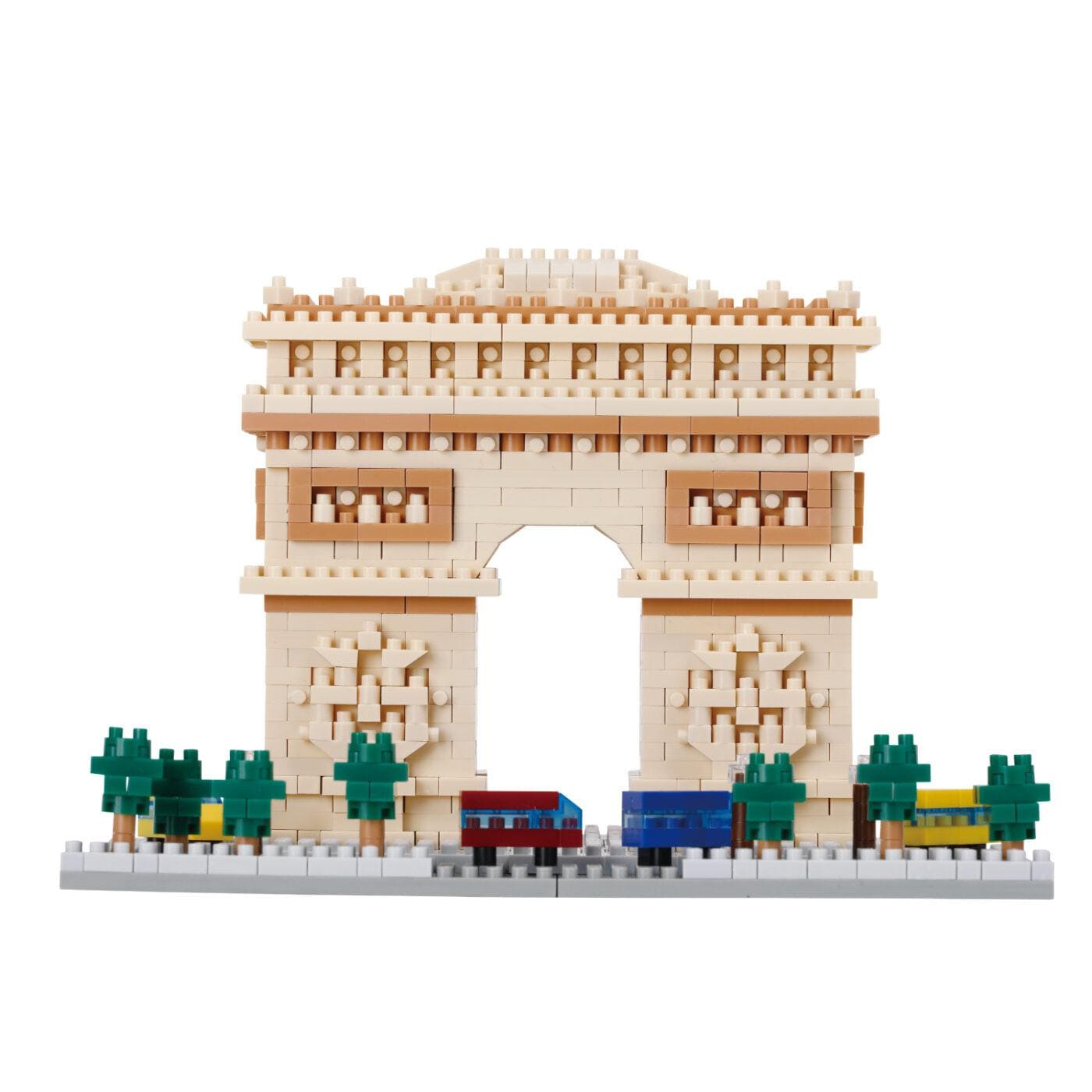 A 3D model of the Arc de Triomphe, a famous monument located in Paris, France. The model is composed of small, colorful building blocks that have been assembled to create the iconic structure.